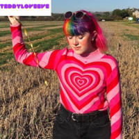 Cute Sweet 90s Hot Pink Heart Striped Long Sleeve Knit Top Sweater Sweatshirt Pullover Jumper Autumn E-Girl Kawaii Korean Japanese Harajuku Streetwear - Thumbnail 2
