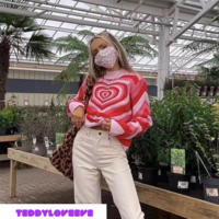 Cute Sweet 90s Hot Pink Heart Striped Long Sleeve Knit Top Sweater Sweatshirt Pullover Jumper Autumn E-Girl Kawaii Korean Japanese Harajuku Streetwear - Thumbnail 7