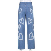 Cute 90s Vintage Heart Print Baggy Mom Jeans Denim High Waisted Trousers Pant Aesthetic Summer Party E-Girl Kawaii Korean Japanese Harajuku Streetwear - Thumbnail 8