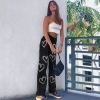 Cute 90s Vintage Heart Print Baggy Mom Jeans Denim High Waisted Trousers Pant Aesthetic Summer Party E-Girl Kawaii Korean Japanese Harajuku Streetwear - Thumbnail 3