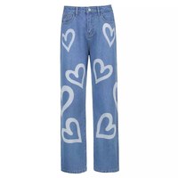 Cute 90s Vintage Heart Print Baggy Mom Jeans Denim High Waisted Trousers Pant Aesthetic Summer Party E-Girl Kawaii Korean Japanese Harajuku Streetwear - Thumbnail 7