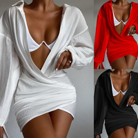 Sexy Deep V-Neck Long-Sleeved Solid Color Hip Dress - Thumbnail 1