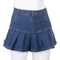 Cute High Waisted Pleated Denim Zipper Mini Skirt Blue Pink Bottoms Club Aesthetic Summer Party E-Girl Kawaii Korean Japanese Harajuku Streetwear - Thumbnail 6