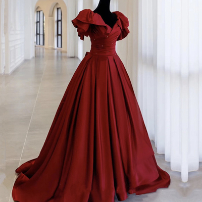 Burgundy satin long a line prom dress evening dress - Thumbnail 4