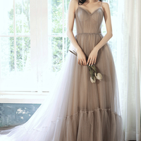 Stylish v neck tulle long A line prom dress evening dress - Thumbnail 1