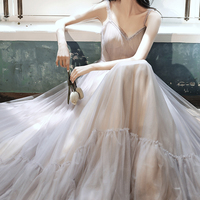 Stylish v neck tulle long A line prom dress evening dress - Thumbnail 3