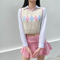 Cute Argyle Plaid Sleeveless V Neck Knit Sweater Sweatshirt Preppy Crop Top Pullover Aesthetic E-Girl Kawaii Korean Japanese Harajuku Streetwear - Thumbnail 2