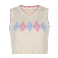 Cute Argyle Plaid Sleeveless V Neck Knit Sweater Sweatshirt Preppy Crop Top Pullover Aesthetic E-Girl Kawaii Korean Japanese Harajuku Streetwear - Thumbnail 4