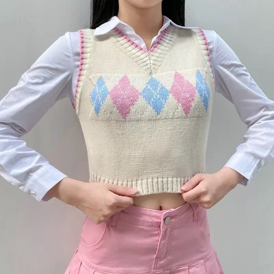 Cute Argyle Plaid Sleeveless V Neck Knit Sweater Sweatshirt Preppy Crop Top Pullover Aesthetic E-Girl Kawaii Korean Japanese Harajuku Streetwear
