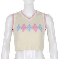 Cute Argyle Plaid Sleeveless V Neck Knit Sweater Sweatshirt Preppy Crop Top Pullover Aesthetic E-Girl Kawaii Korean Japanese Harajuku Streetwear - Thumbnail 3