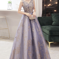 Stylish v neck tulle sequins long ball gown dress - Thumbnail 1