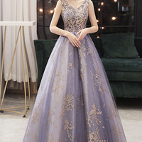 Stylish v neck tulle sequins long ball gown dress - Thumbnail 3
