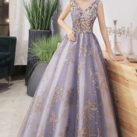 Stylish v neck tulle sequins long ball gown dress - Thumbnail 5