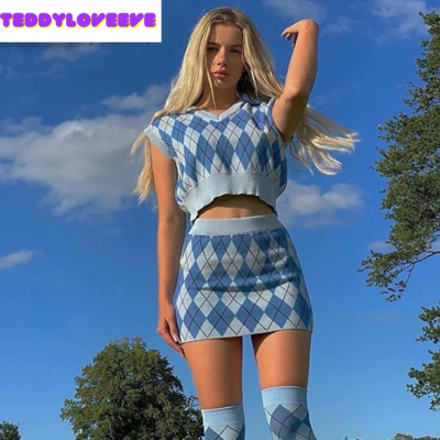 Cute vintage 90s argyle plaid 2 piece co-ord set knit sleeveless tank crop top mini skirt aesthetic e-girl kawaii korean japanese harajuku streetwear - Thumbnail 5