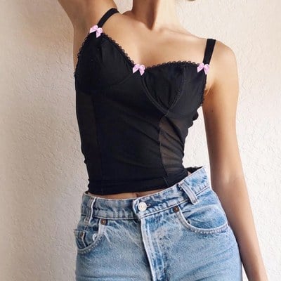 Sexy Pink Ribbon Bow Mesh Panel V Neck Crop Top Camisole Sleeveless Shirt Summer Goth Aesthetic E-Girl Kawaii Korean Japanese Harajuku Streetwear