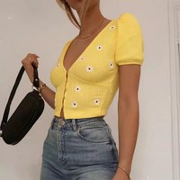 Cute Yellow Flower Embroidery Button V Neck Short Sleeve Shirt Crop Top Cardigan Summer Aesthetic E-Girl Kawaii Korean Japanese Harajuku Streetwear - Thumbnail 1