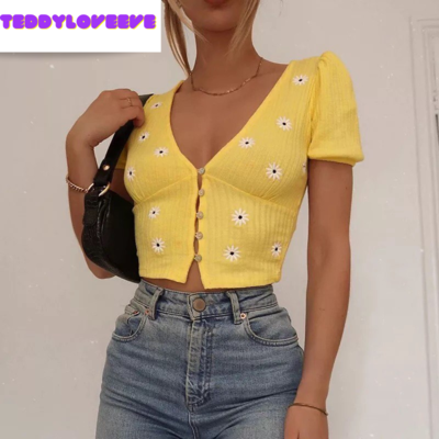 Cute yellow flower embroidery button v neck short sleeve shirt crop top cardigan summer aesthetic e-girl kawaii korean japanese harajuku streetwear - Thumbnail 4