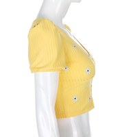 Cute Yellow Flower Embroidery Button V Neck Short Sleeve Shirt Crop Top Cardigan Summer Aesthetic E-Girl Kawaii Korean Japanese Harajuku Streetwear - Thumbnail 4