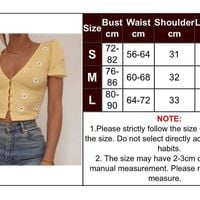 Cute Yellow Flower Embroidery Button V Neck Short Sleeve Shirt Crop Top Cardigan Summer Aesthetic E-Girl Kawaii Korean Japanese Harajuku Streetwear - Thumbnail 2