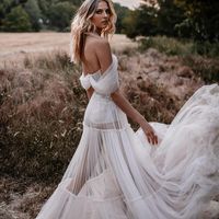 Bohemian A Line Tiered Tulle Wedding Dresses with Appliques - Thumbnail 1