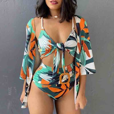 Fashion printed cardigan three-piece bikini swimsuit - Thumbnail 2
