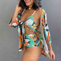 Fashion Printed Cardigan Three-Piece Bikini Swimsuit - Thumbnail 1