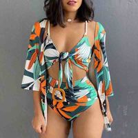 Fashion Printed Cardigan Three-Piece Bikini Swimsuit - Thumbnail 2
