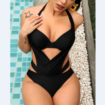 Pure color sleeveless fashion thin black sexy one piece swimsuit
