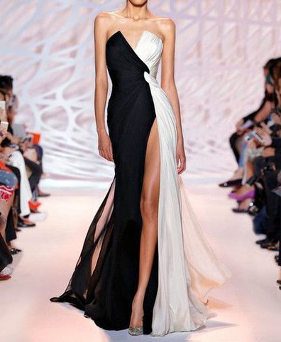 Black And White Dress, Sexy V Neck Prom Dress,High Split Chiffon Evening Dress,Custom Made,Party Dress，284