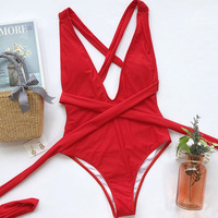 Solid Color Sexy Deep V Open Back High Waist One-Piece Swimsuit - Thumbnail 5
