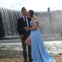 Simple Off the Shoulder Sky Blue Satin Long Prom Dresses with Slit - Thumbnail 2