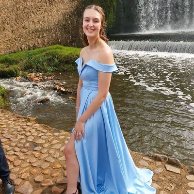 Simple Off the Shoulder Sky Blue Satin Long Prom Dresses with Slit
