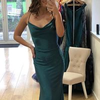 Mermaid Cowl Neck Criss Cross Green Satin Long Prom Dresses - Thumbnail 1