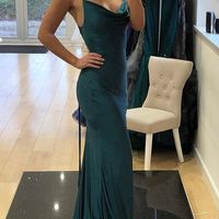 Mermaid Cowl Neck Criss Cross Green Satin Long Prom Dresses - Thumbnail 2
