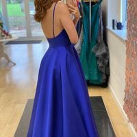 Charming A-Line V Neck Royal Blue Satin Long Prom Dresses with Pockets - Thumbnail 1