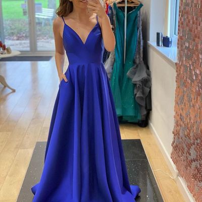 Charming a-line v neck royal blue satin long prom dresses with pockets - Thumbnail 2