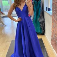 Charming A-Line V Neck Royal Blue Satin Long Prom Dresses with Pockets - Thumbnail 2