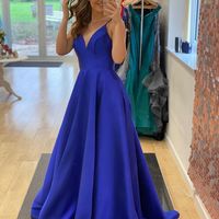 Charming A-Line V Neck Royal Blue Satin Long Prom Dresses with Pockets - Thumbnail 3