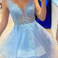 Princess A-Line V Neck Blue Tulle Long Prom Dresses with Appliques - Thumbnail 2