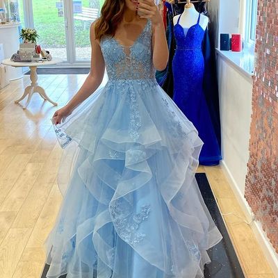 Princess a-line v neck blue tulle long prom dresses with appliques - Thumbnail 3