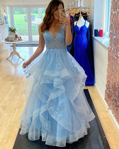 Princess A-Line V Neck Blue Tulle Long Prom Dresses with Appliques