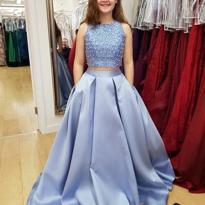 Two piece blue satin long prom dresses with pockets,evening party gown - Thumbnail 3