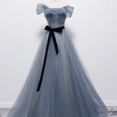 Bule tulle long a line prom dress blue evening dress - Thumbnail 3
