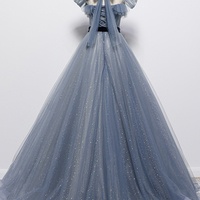 Bule tulle long A line prom dress blue evening dress - Thumbnail 3