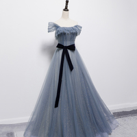 Bule tulle long A line prom dress blue evening dress - Thumbnail 4