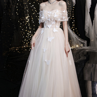 Champagne tulle long A line prom dress evening dress - Thumbnail 5