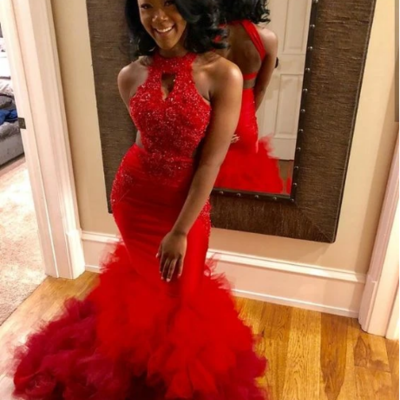 Sexy red mermaid backless ruffles pleated prom dresses with appliques, african girl prom dress for black girls，973