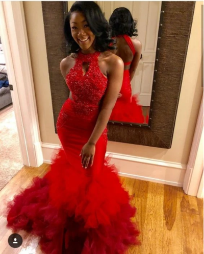 Sexy Red Mermaid Backless Ruffles Pleated Prom Dresses With Appliques, African Girl Prom Dress for Black Girls，973