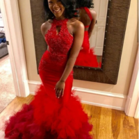 Sexy Red Mermaid Backless Ruffles Pleated Prom Dresses With Appliques, African Girl Prom Dress for Black Girls，973 - Thumbnail 1