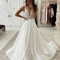 Elegant A-Line V Neck Lace Boho Wedding Dresses,976 - Thumbnail 2